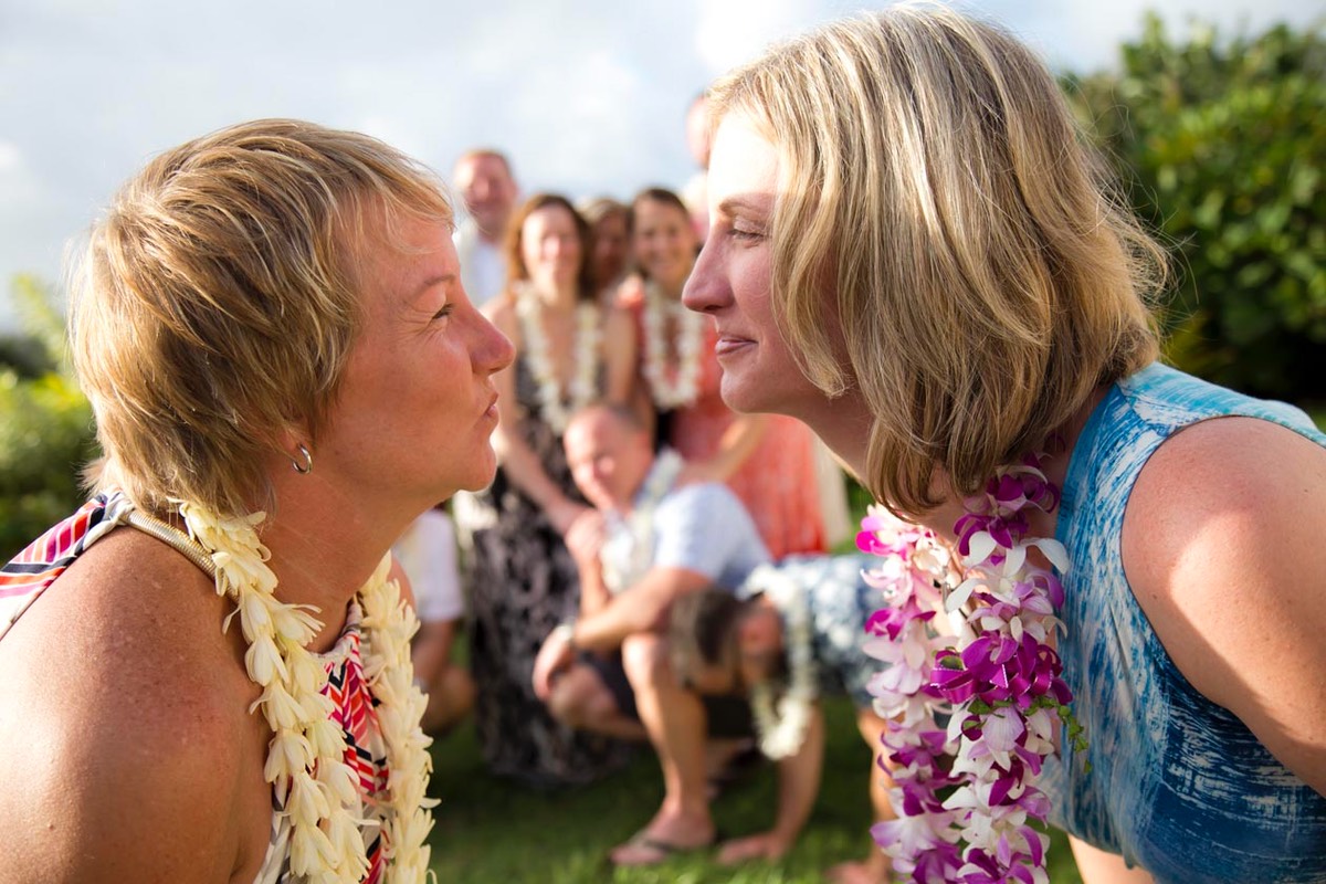 Kauai bride and bride about to kiss. LBGT