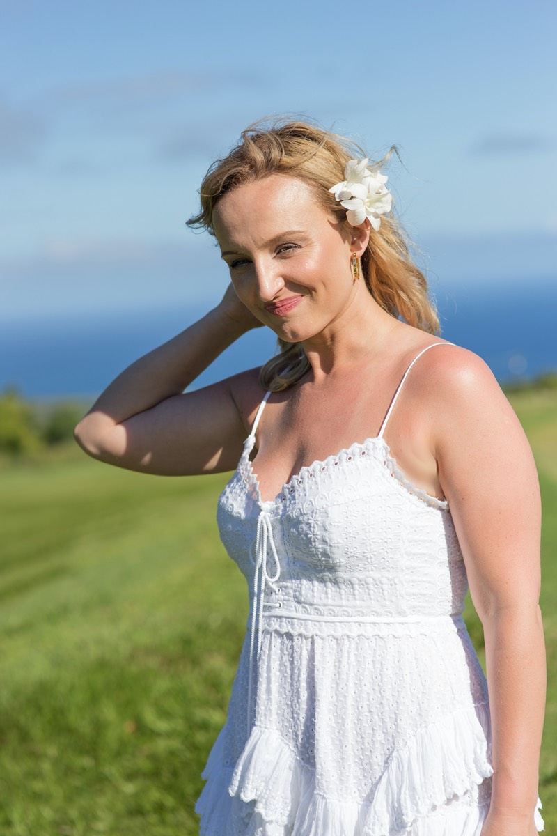 Thoughtful Kauai bride thinking about her vows. 